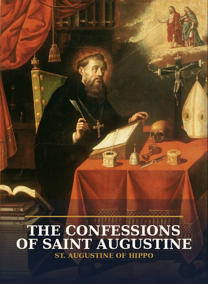 Cover of The Confessions of Saint Augustine, showing a classic portrait of St. Augustine of Hippo at his writing desk