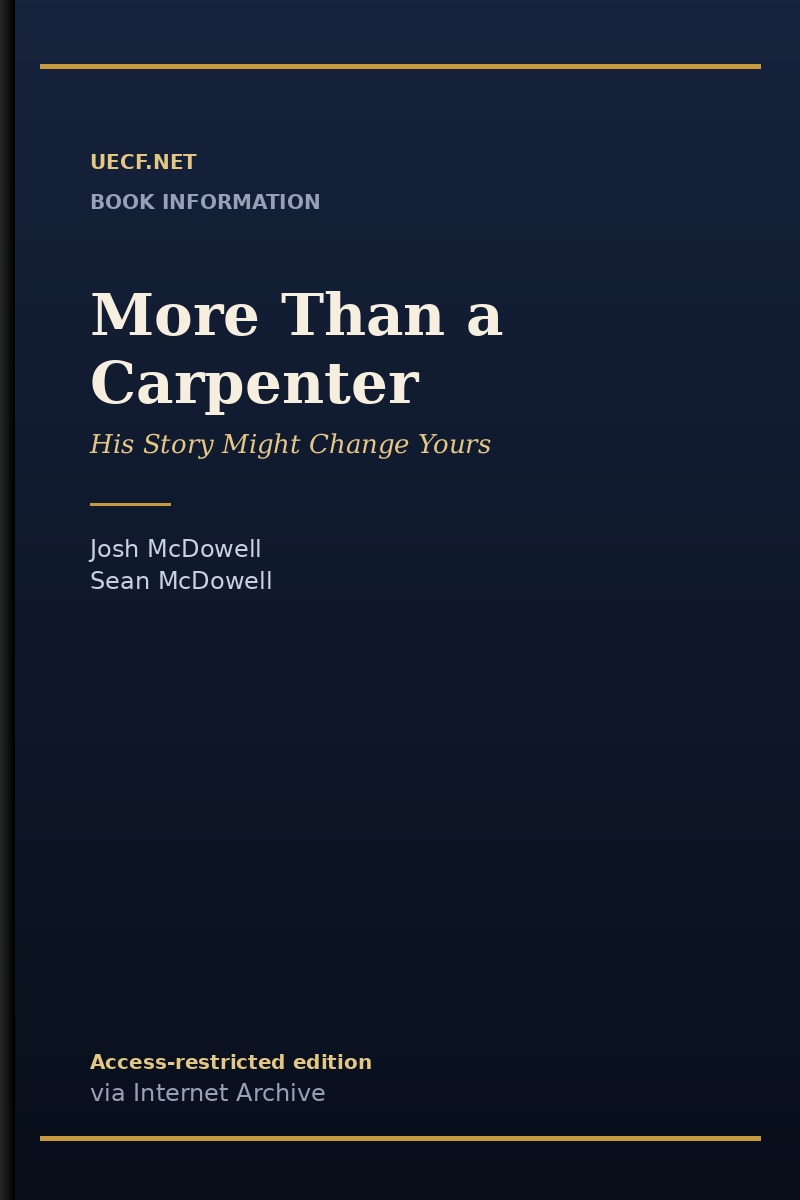 UECF.NET original book-information cover graphic for More Than a Carpenter by Josh McDowell and Sean McDowell (not the publisher's cover art)